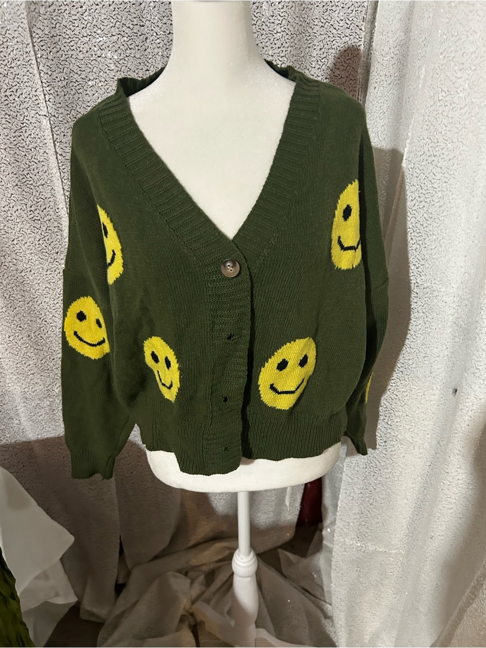 Marni Olive Green Cardigan with Yellow Smiley Motifs